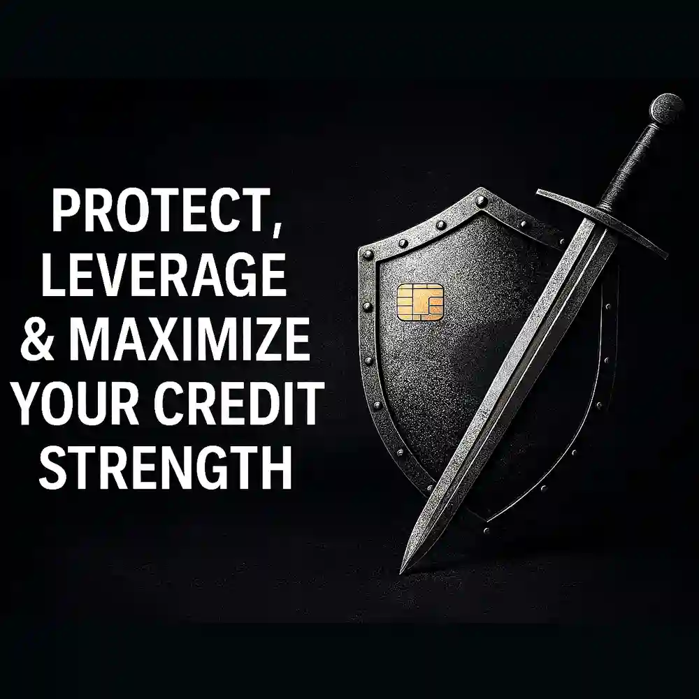 Sword and shield symbolizing credit strength with overlaid text reading Protect, Leverage & Maximize Your Credit Strength.